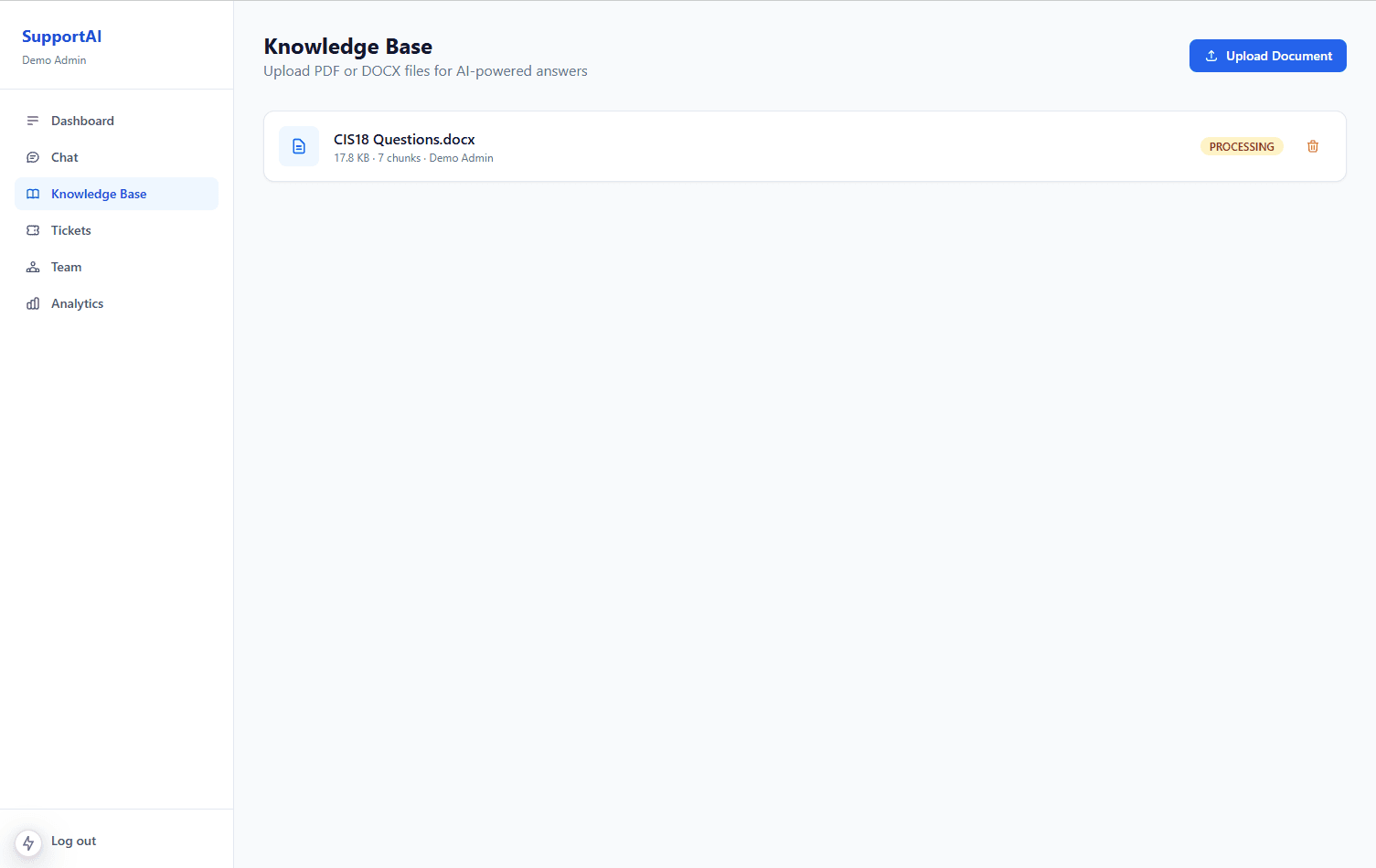 Knowledge base document upload for AI training